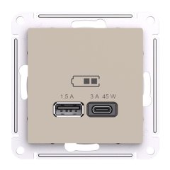 ATN001229 - AtlasDesign USB РОЗЕТКА A + тип-C 45Вт высокоскор.заряд. QC,PD, механизм, ПЕСОЧНЫЙ