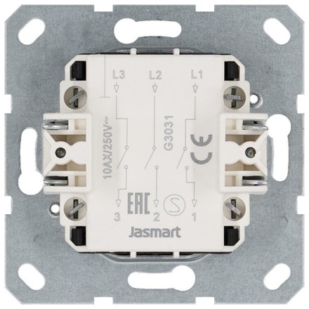 Выключатель трехклавишный 10A 250V~ с накладкой, цвет Алюминий , G3031S, JASMART