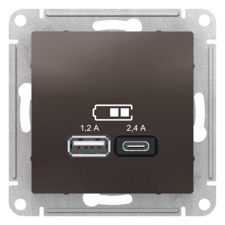 ATN000639 - AtlasDesign USB розетка A+С, 5В/2,4А, 2х5В/1,2А, мокко