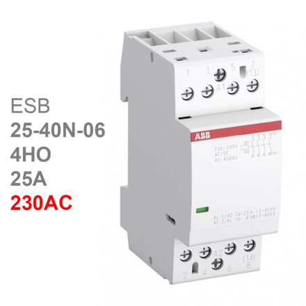 ABB Контактор ESB25-40N-06 модульный (25А АС-1, 4НО), катушка 230В AC/DC