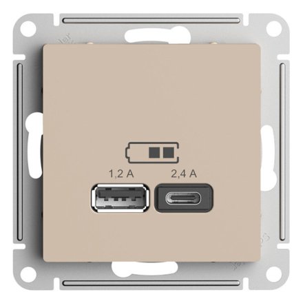 ATN001239 - AtlasDesign USB РОЗЕТКА A+С, 5В/2,4А, 2х5В/1,2А, механизм, ПЕСОЧНЫЙ